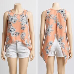 Y2K Attention Floral Blouse XS Coral Pink Sleeveless Asymmetrical Hem Tank Top